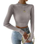 Women's Fine Knit Sweater with Mock Neck and Waveless Design