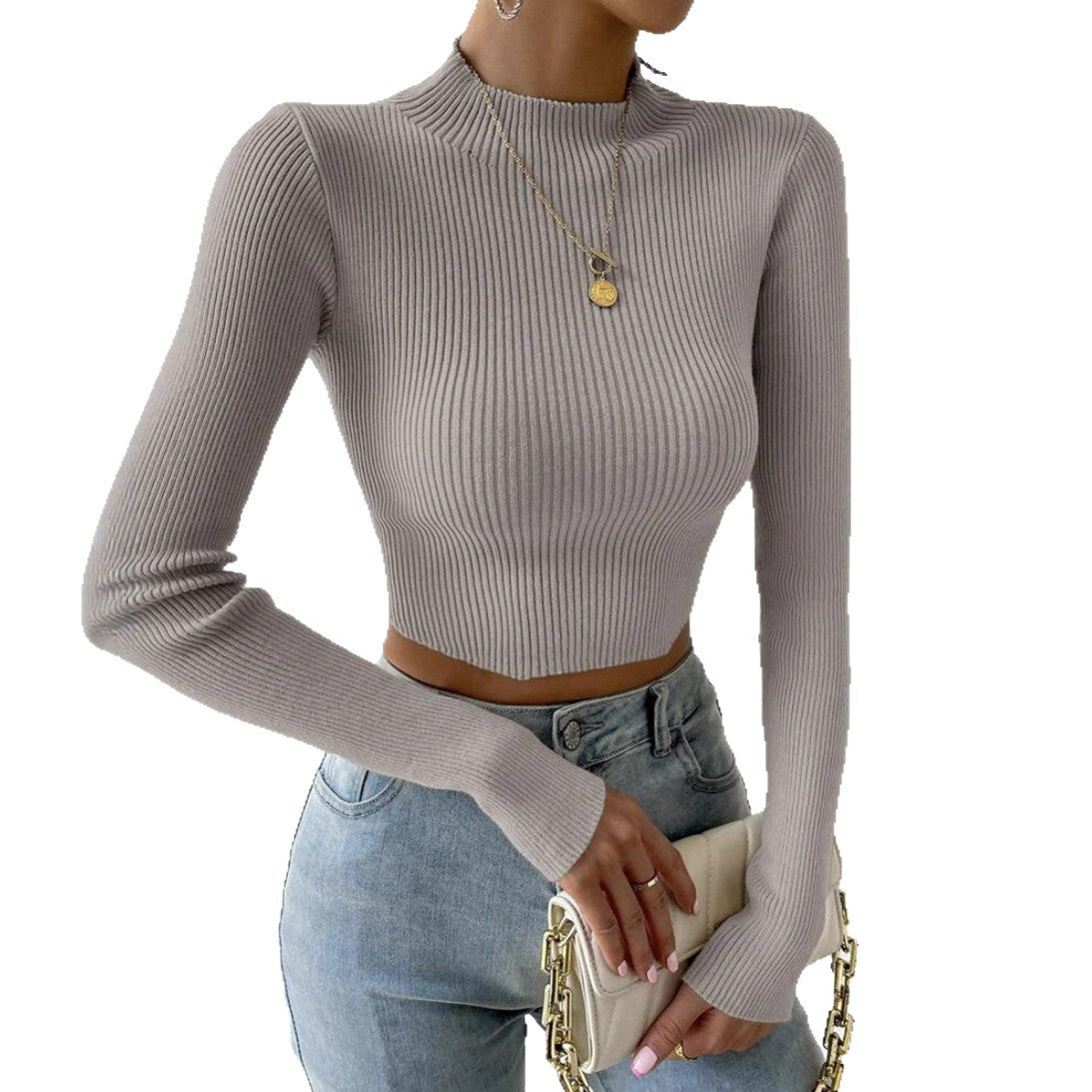 Women's Fine Knit Sweater with Mock Neck and Waveless Design