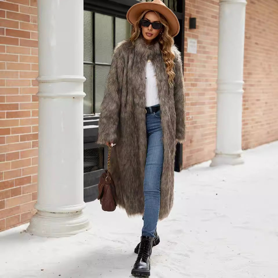 Women's Long Faux Fur Coat with Stand-Up Collar and Pockets