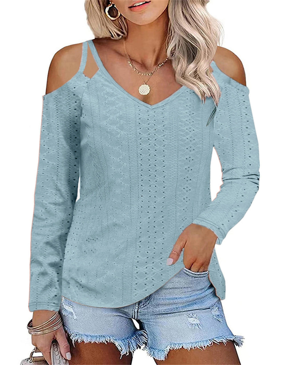 Women's Elegant Shirt with Cut-Out Shoulders and V-Neck