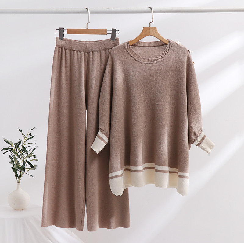 Women's Casual Knit Loungewear Set with Contrast Hem and Wide Cut