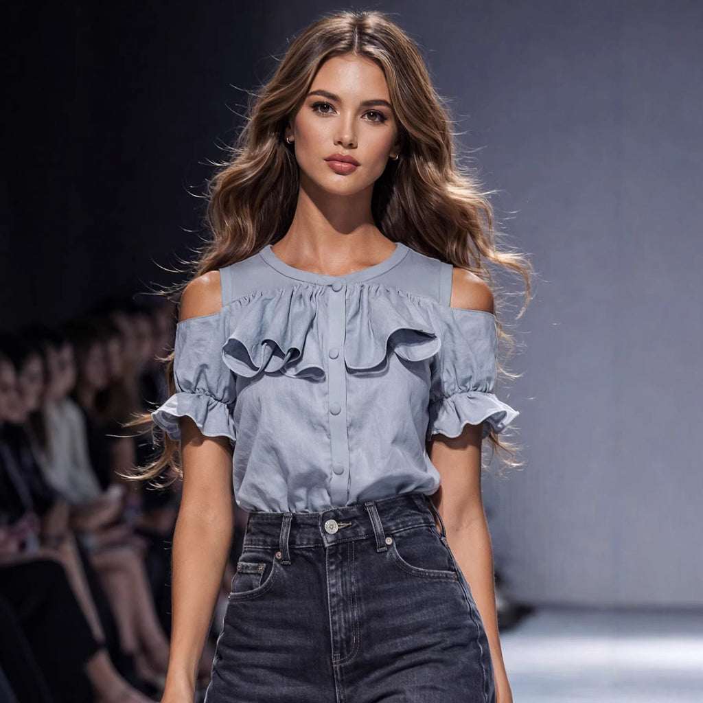 Women's Cold-Shoulder Blouse with Ruffle Details