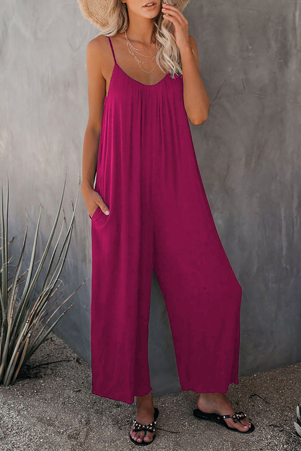 Women's Casual Summer Jumpsuit with Deep Neckline and Pockets