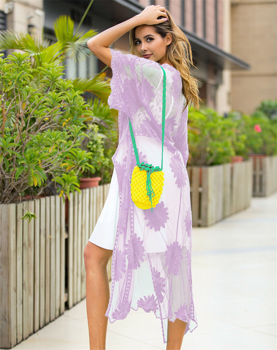 Women's Elegant Crochet Beach Robe with Floral Details and Deep V-Neck