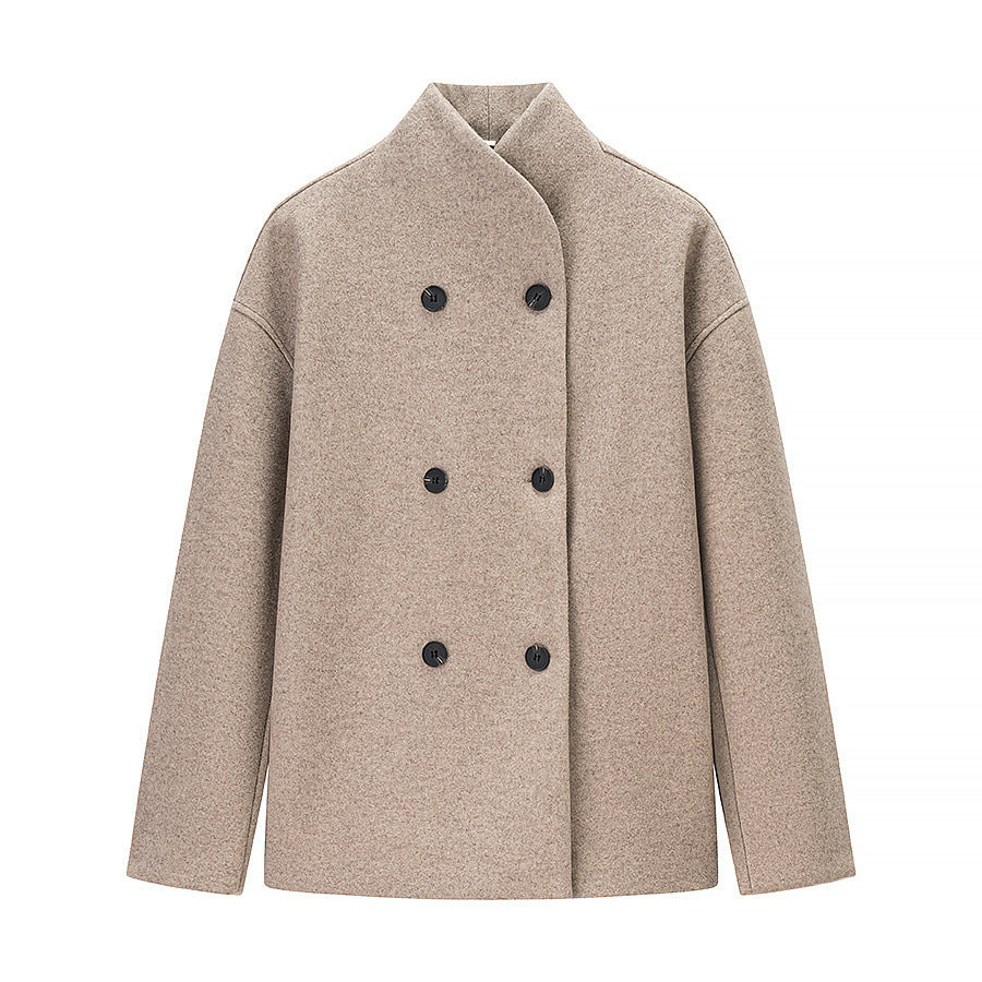 Elegant Women's Winter Jacket with Double-Breasted Button Front and Stand-Up Collar