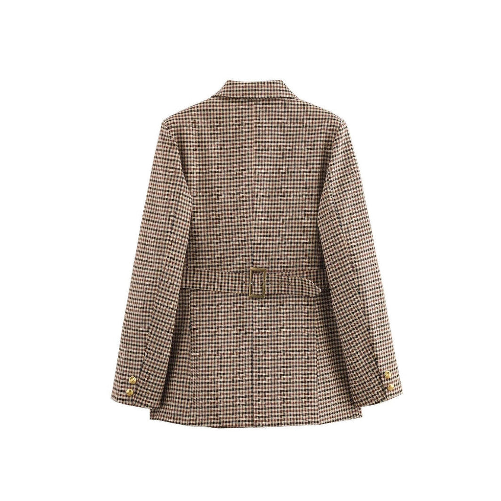 Women's Elegant Plaid Blazer with Gold Buttons