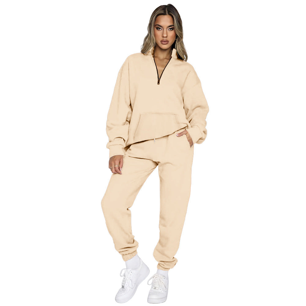 Women's Comfortable Leisure Outfit with High Collar and Kangaroo Pocket