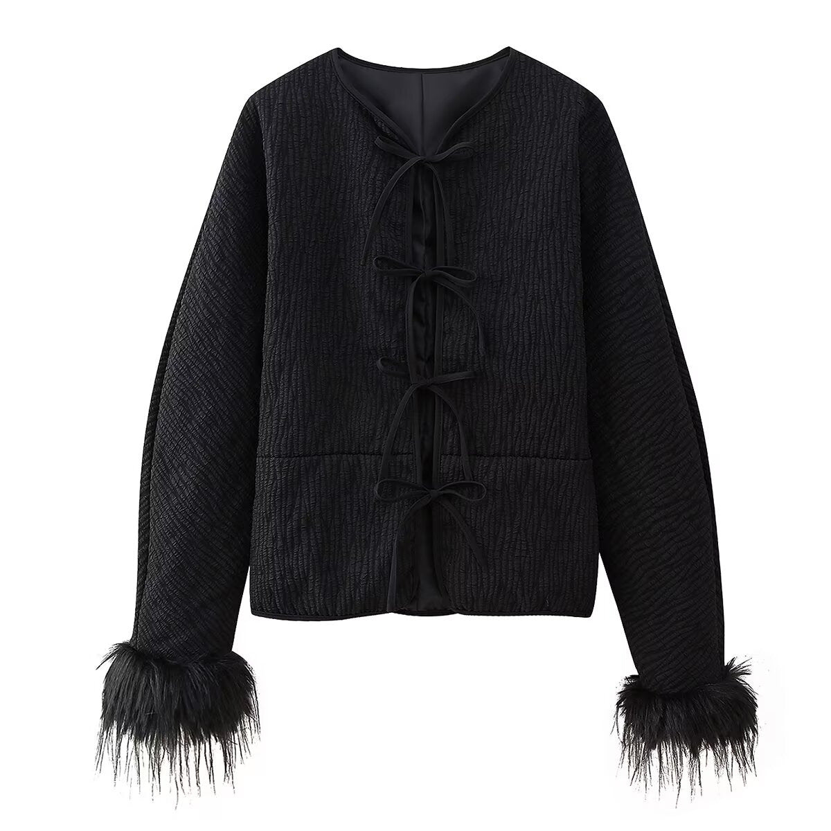 Elegant Quilted Jacket with Ruffle Details and High Collar