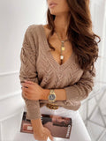 Elegant Women's V-Neck Knit Sweater with Nostalgic Pattern