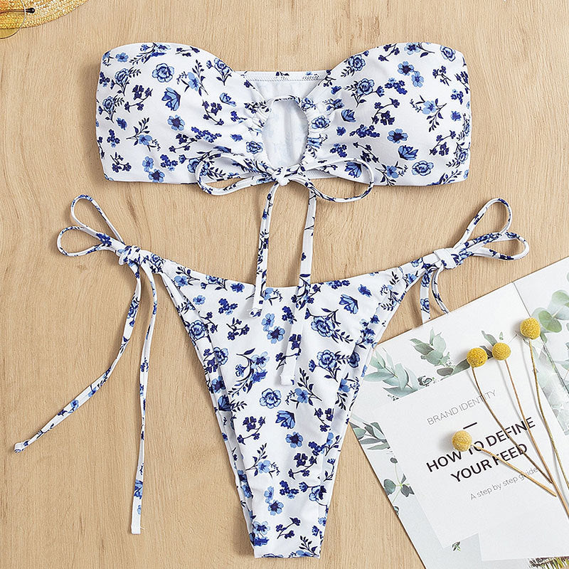 Women's Bandeau Bikini with Floral Details and Adjustable Straps