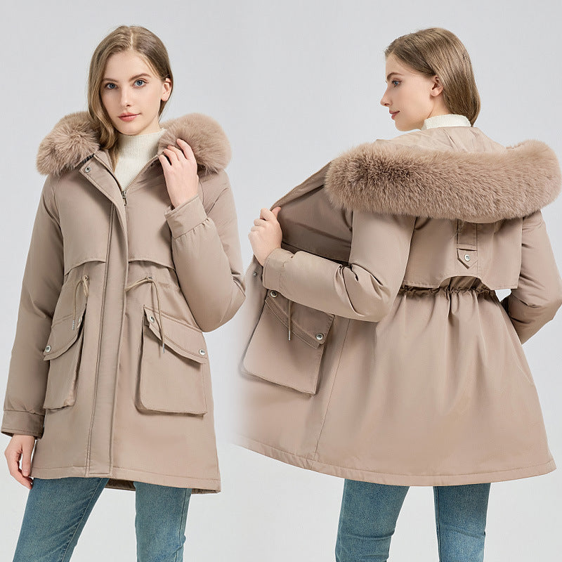 Women's Fashionable Puffer Jacket with Detachable Faux Fur Collar and Functional Pockets