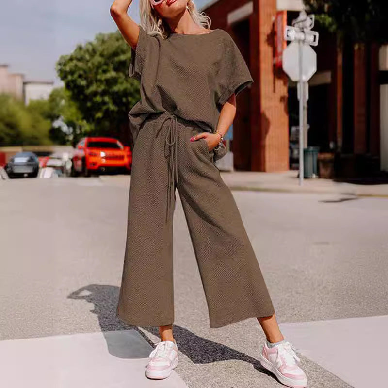Women's Casual Jumpsuit Set in Soft Material with Elastic Waistband and Wide-Legged Pants