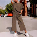 Women's Casual Jumpsuit Set in Soft Material with Elastic Waistband and Wide-Legged Pants