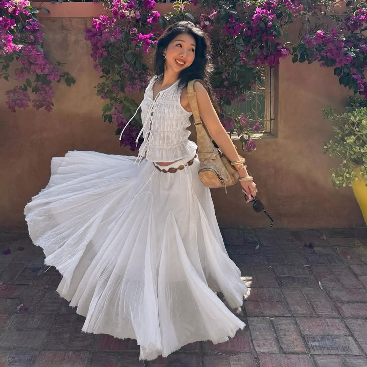 Women's Maxi Skirt with Elastic Waistband and Side Pockets