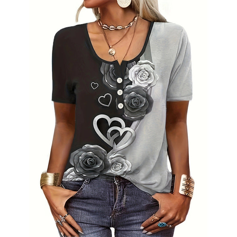 Women's Floral Blouse Top with Button Details