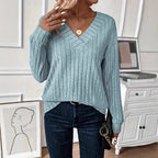 Elegant V-Neck Ribbed Knit Sweater