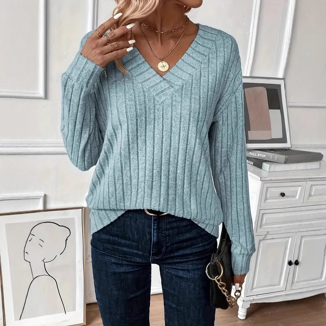 Elegant V-Neck Ribbed Knit Sweater