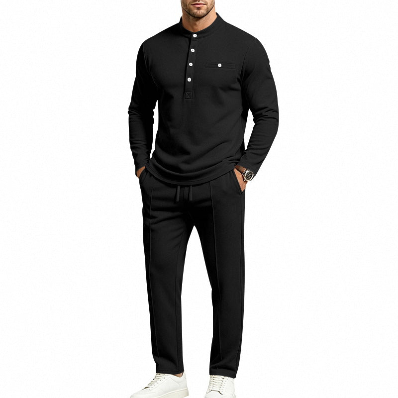 Men's Two-Piece Leisure Set with Henley Long Sleeve Shirt and Jogging Pants
