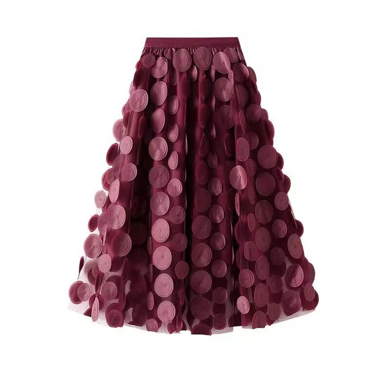 Flared Midi Skirt with Transparent 3D Appliqués and Elastic Waistband