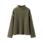 Women's Chunky Knit Sweater with High Collar and Decorative Details
