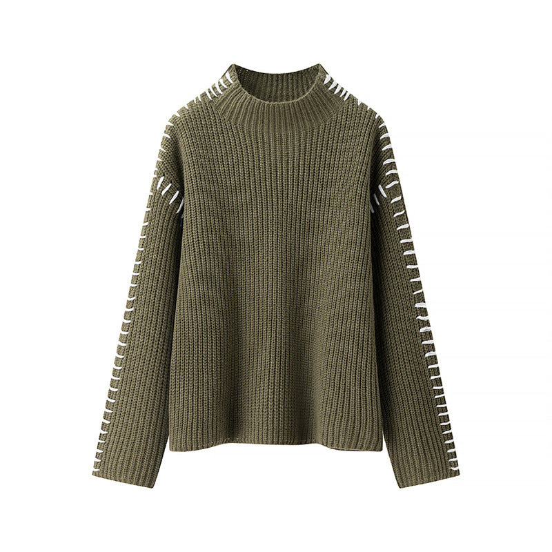 Women's Chunky Knit Sweater with High Collar and Decorative Details
