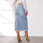Women's Denim Midi Skirt with High Slit and Frayed Hem