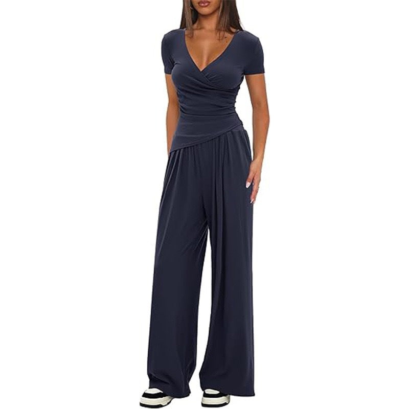 Women's Elegant Wrap Jumpsuit with Wide Leg and Fashionable Details