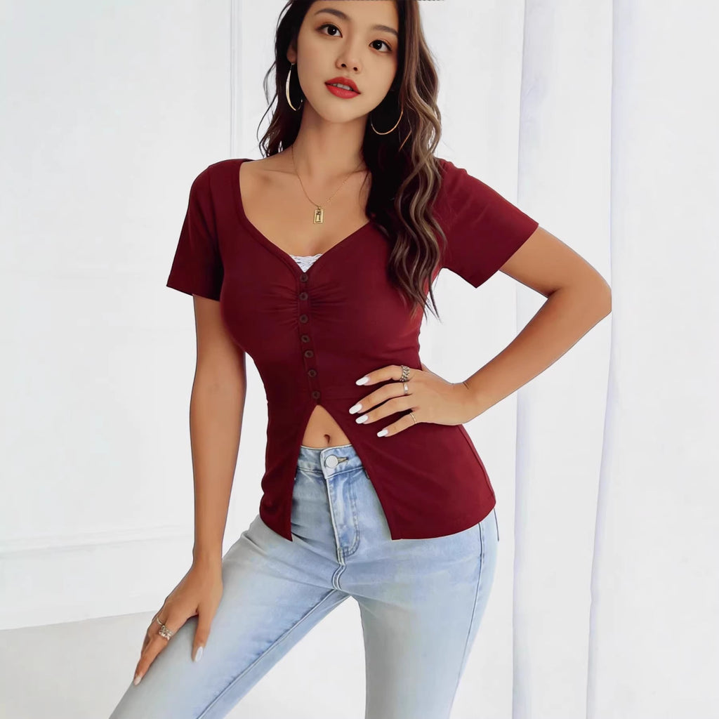 Women's Fitted Short-Sleeve Shirt with Button Placket