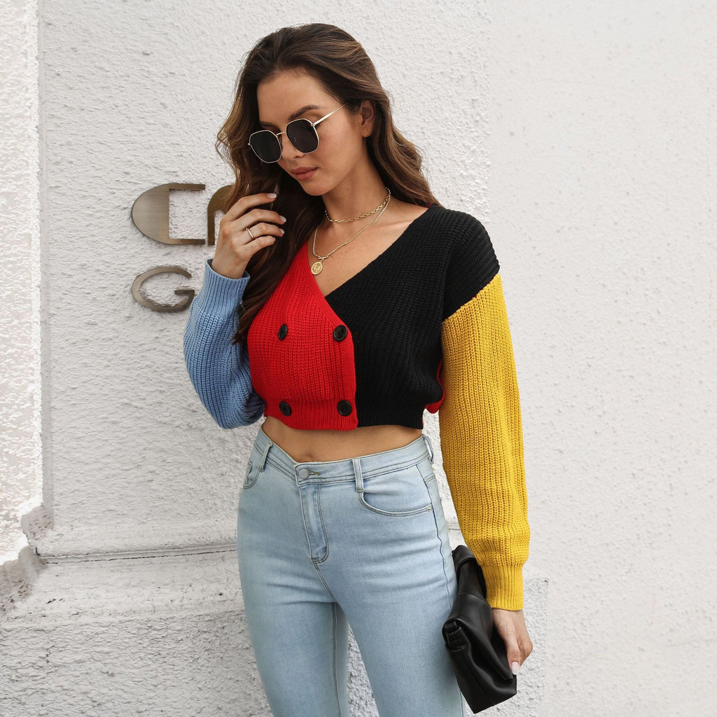 Women's Cropped Cardigan with Color-Block Design