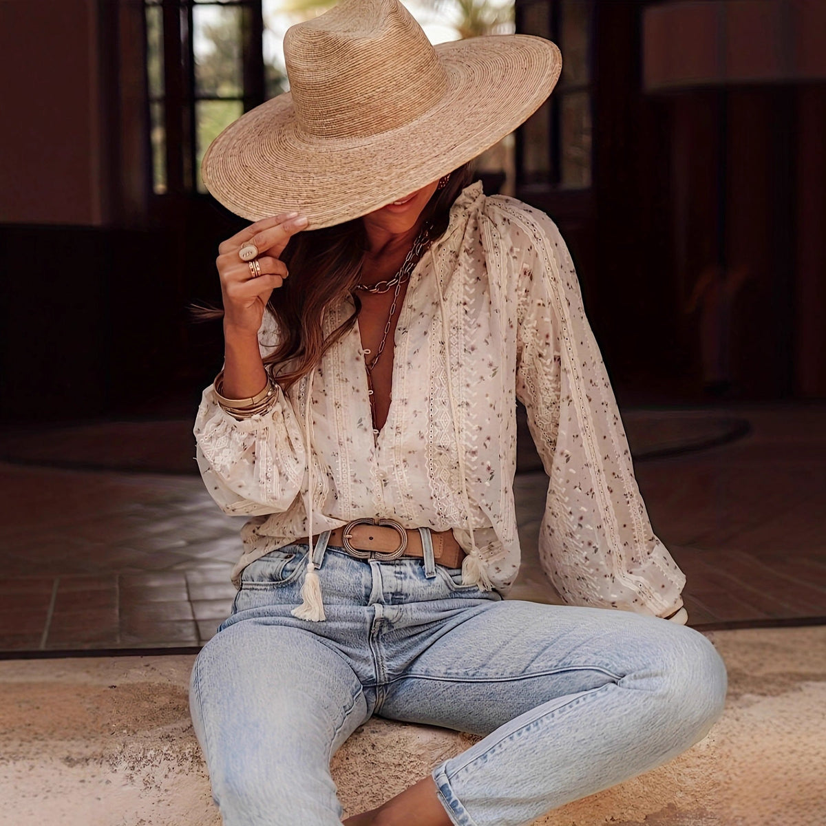 Women's Blouse with Fine Lace Details and Floral Patterns