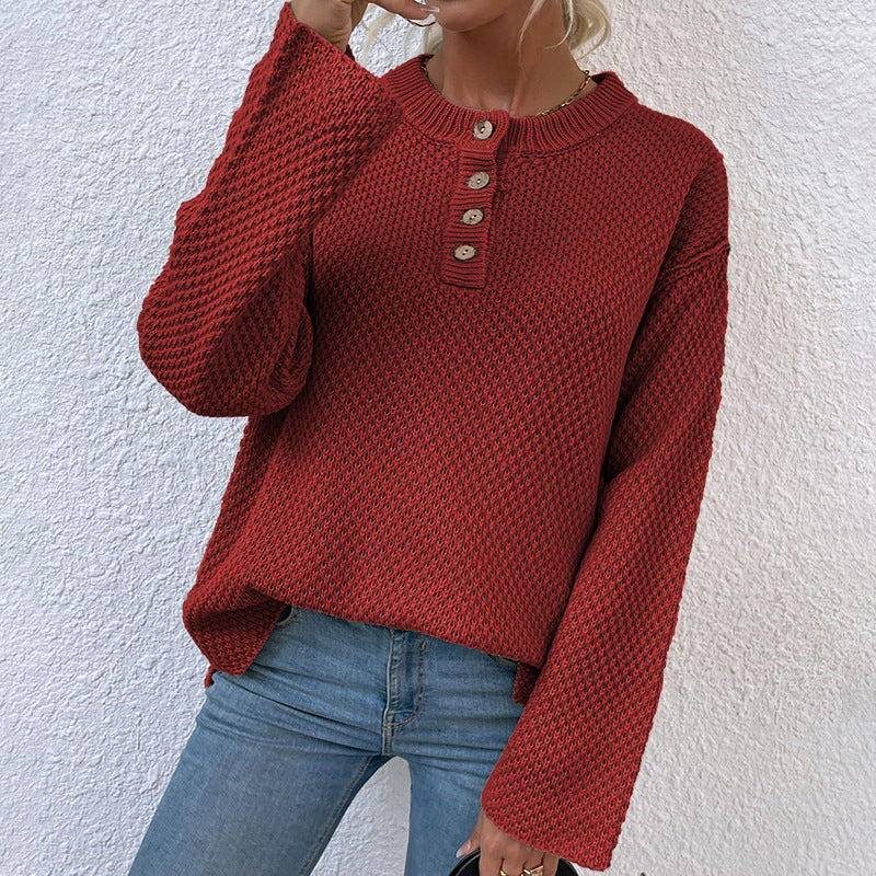 Women's Cozy Knit Pullover with Button Placket and Wide Sleeves