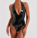 Women's Deep V-Neck Bodysuit with Shiny Finish
