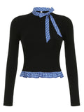 Women's Long-Sleeve Blouse with Plaid Collar and Ruffle Hem