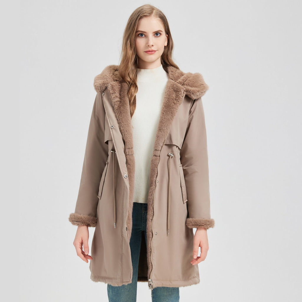 Women's Elegant and Warm Parka with Detachable Faux Fur Collar and Practical Lacing Details