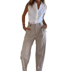 Women's Elegant High-Waisted Fabric Trousers with Pockets