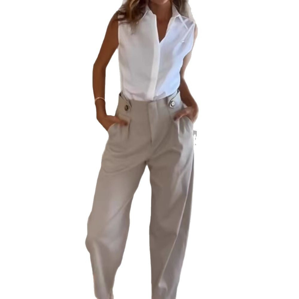 Women's Elegant High-Waisted Fabric Trousers with Pockets