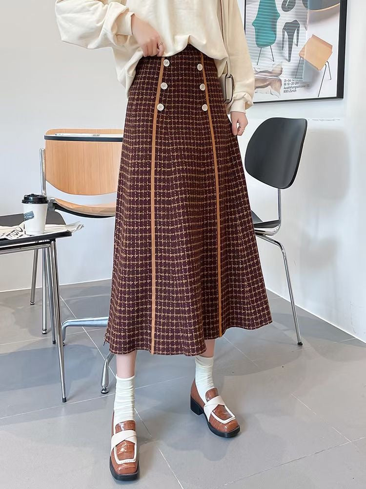 Women's Plaid Midi Skirt with Button Details