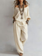 Women's Casual Lightweight Lounge Set with Off-the-Shoulder Neckline and Palazzo Pants