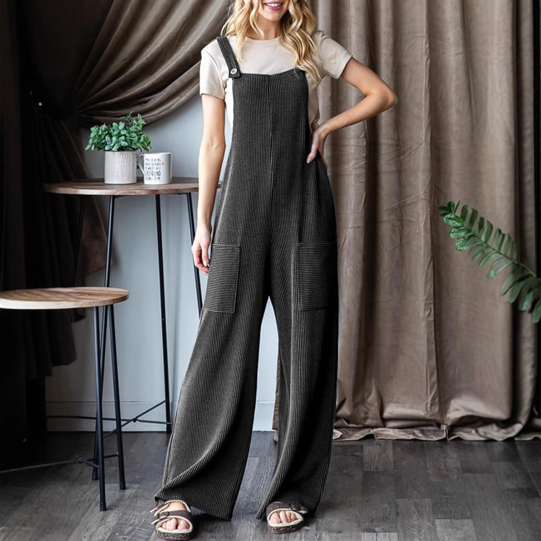 Women's Casual Corduroy Overalls with Pockets and Wide Legs