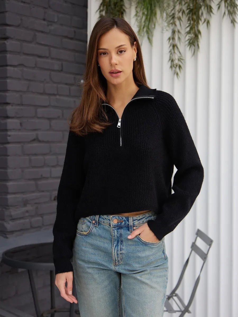 Women's Cozy Pullover with Collar and Zipper