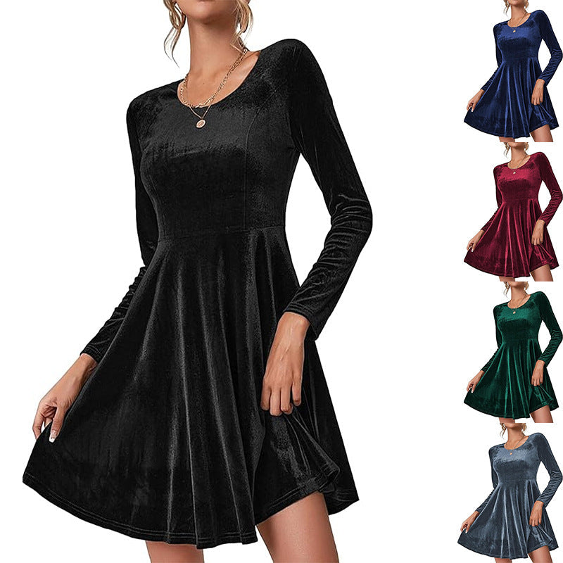 Women's Velvet A-Line Dress with Long Sleeves and Round Neck