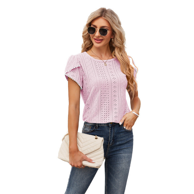 Women's Elegant Blouse with Ruffled Sleeves and Eyelet Pattern