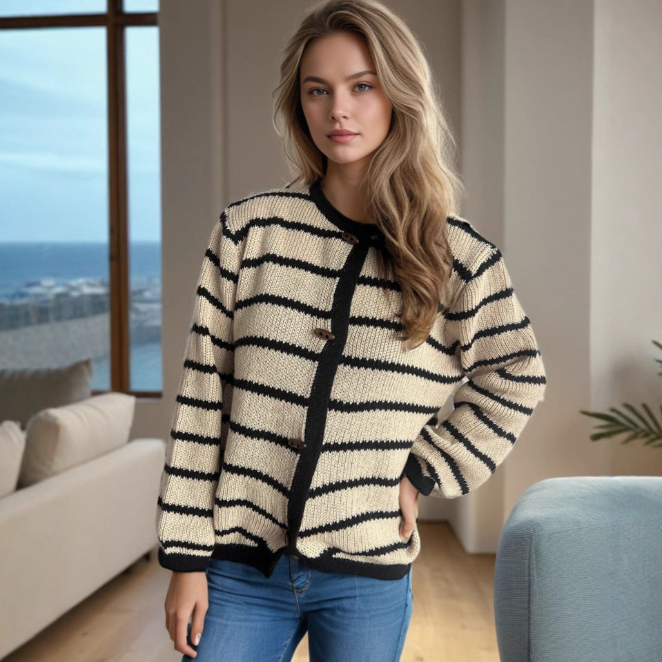 Women's Striped Cardigan with Wooden Buttons