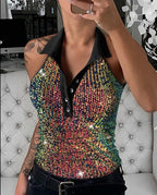 Women's Glittering Leopard Print Polo Shirt