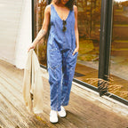Women's Casual Deep Neckline Jumpsuit with Pockets