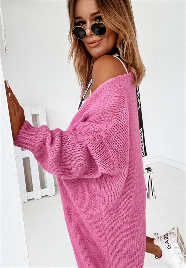 Women's Chunky Knit Cardigan with Voluminous Sleeves and Open Front
