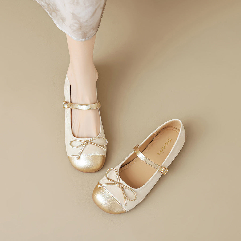 Women's Ballet Flats with Decorative Strap and Elegant Bow