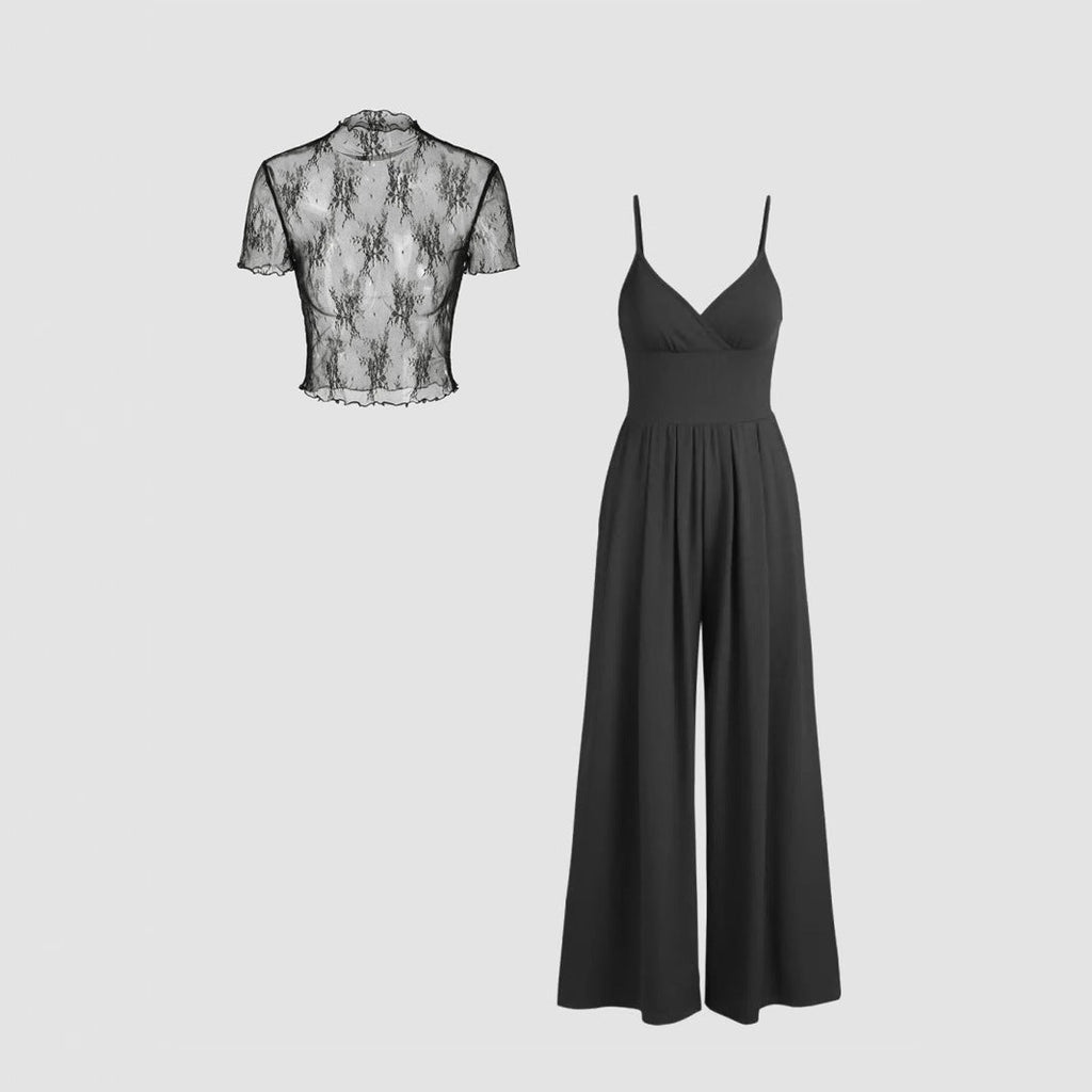 Women's Elegant V-Neck Jumpsuit with Sheer Blouse