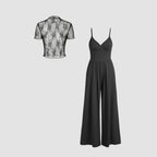 Women's Elegant V-Neck Jumpsuit with Sheer Blouse