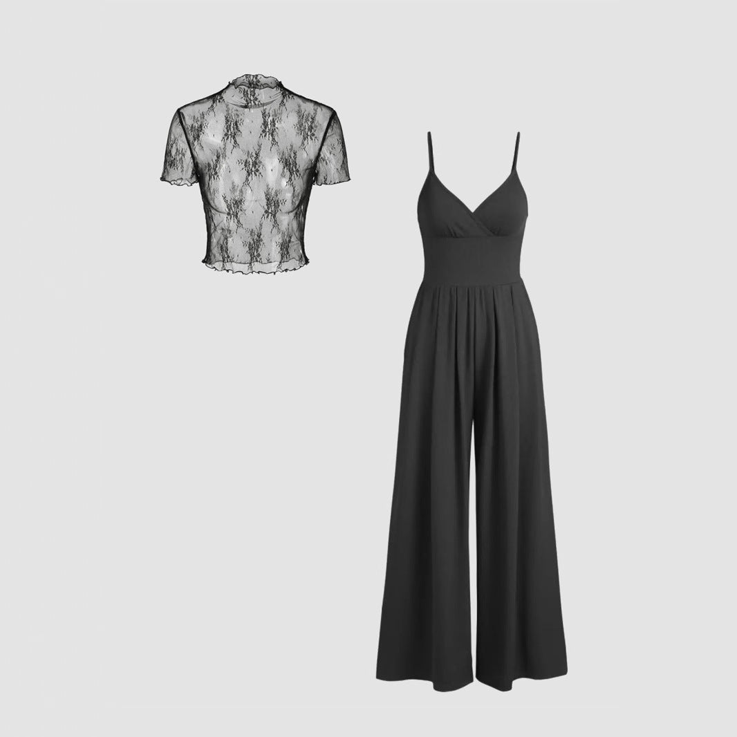 Women's Elegant V-Neck Jumpsuit with Sheer Blouse
